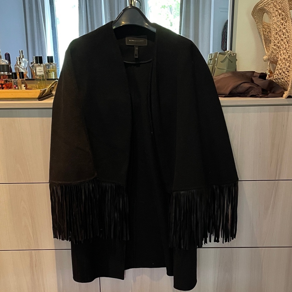 BCBGMaxAzria cape coat w/ fringe